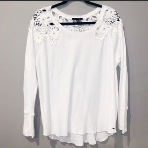 American Eagle White Floral Lace Waffleknit Top